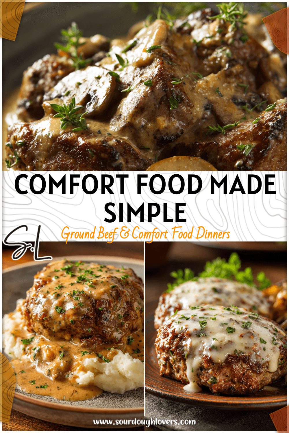 Golden baked Amish hamburger steak topped with creamy gravy and herbs served on a rustic plate. 2